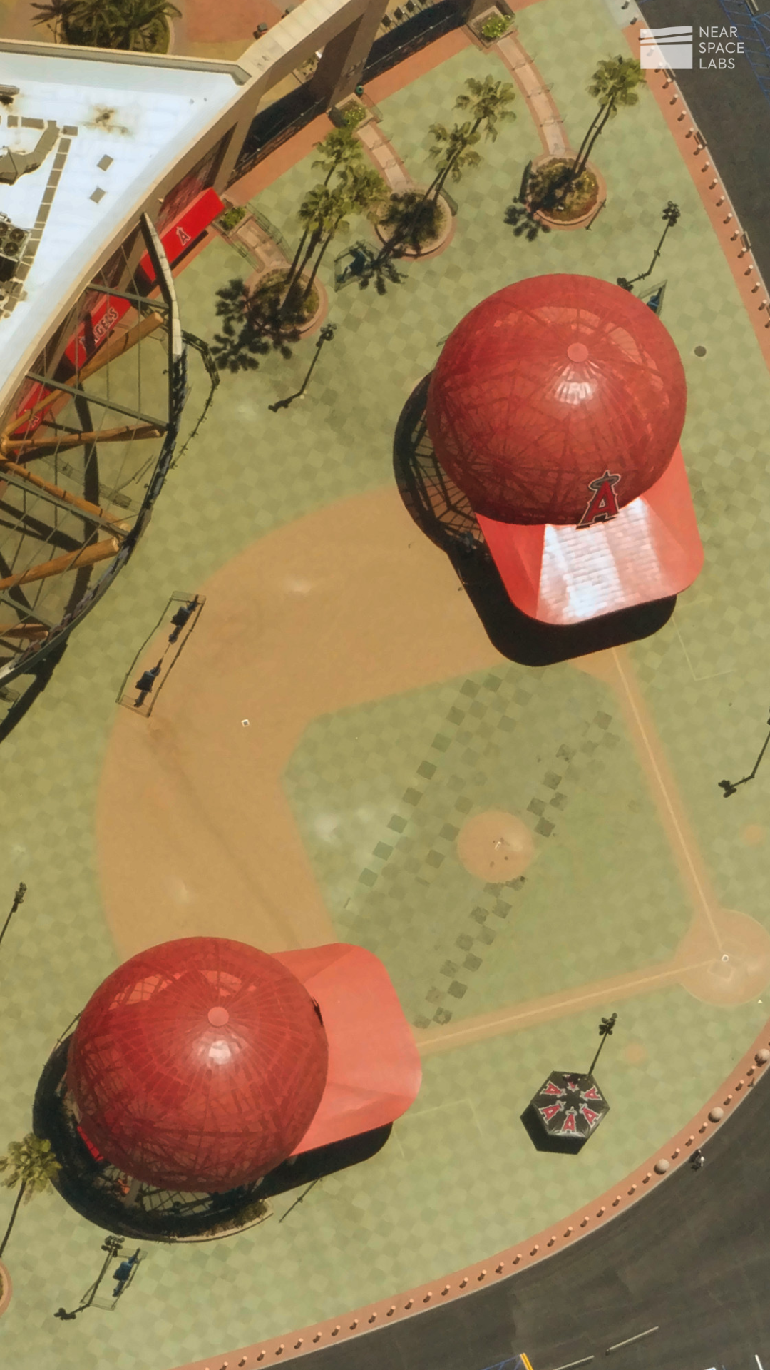 Near Space Labs 10 cm capture of the big red baseball caps outside of the Angels Stadium in a wallpaper format.